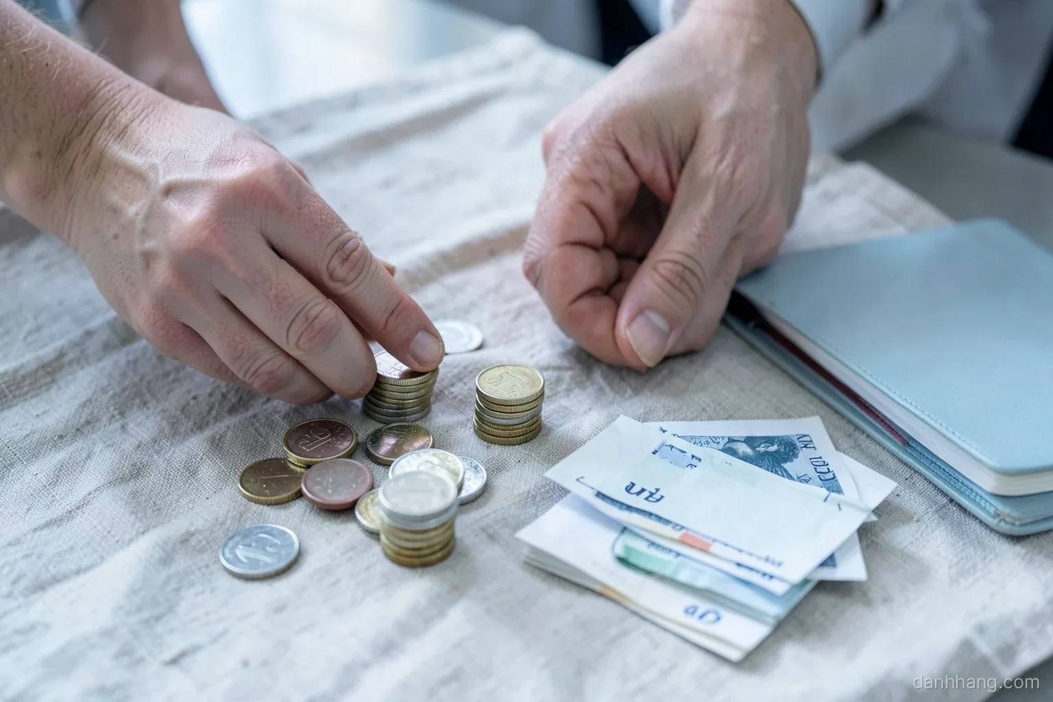 Close view of hands arranging small stacks of coins and folded paper notes into separate piles on a plain linen cloth, a closed notebook beside them, cool daylight