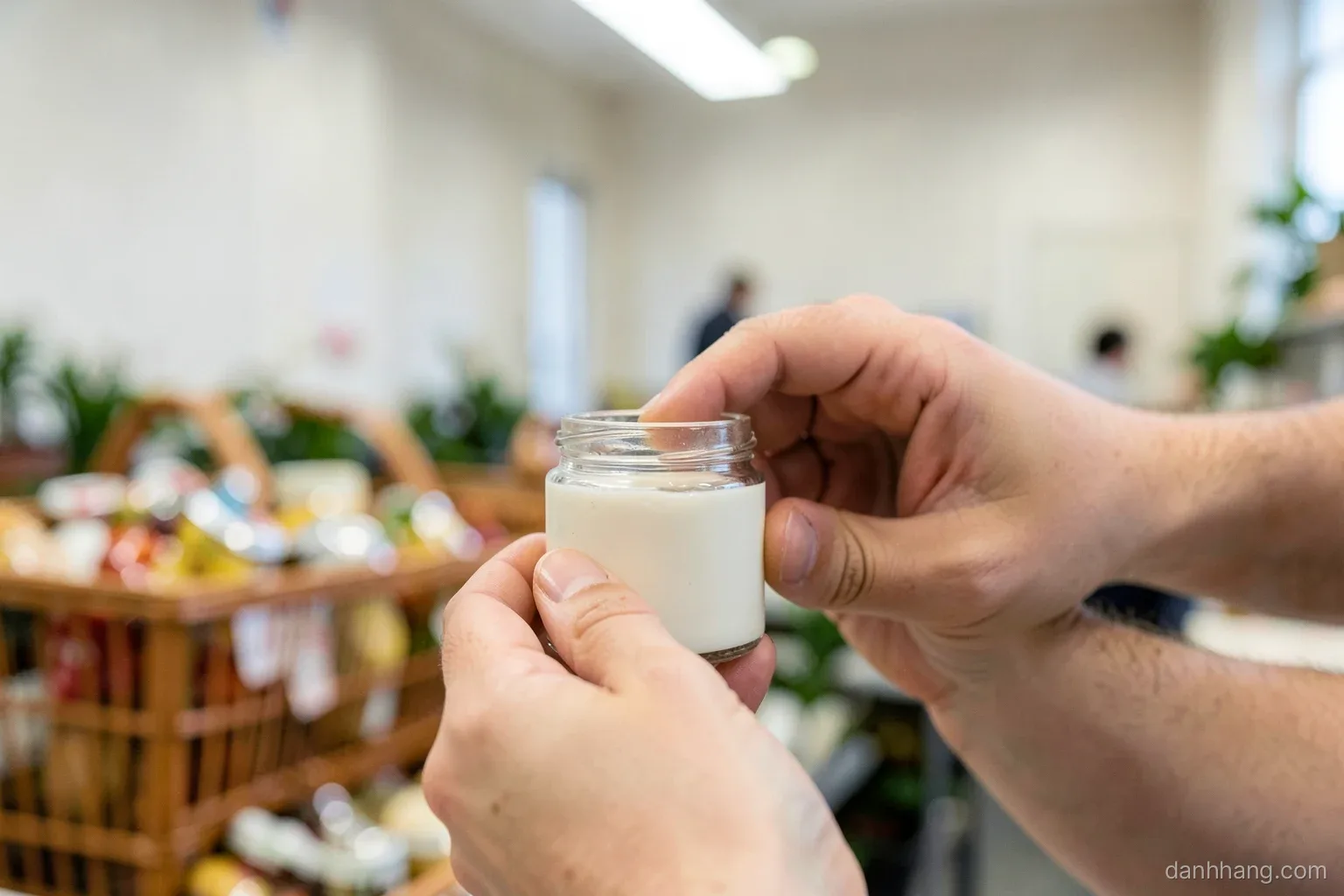 Close view of hands turning over a small plain unmarked jar under a bright supermarket aisle light, a shopping basket of similar jars in soft focus behind