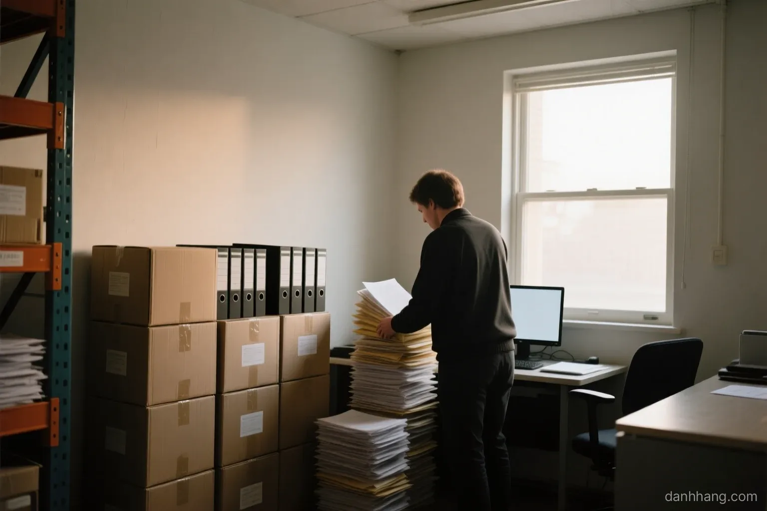 A small office corner inside a home warehouse, a person seen from behind sorting thick folders of paperwork beside neatly stacked plain cartons, late afternoon window light, calm tones