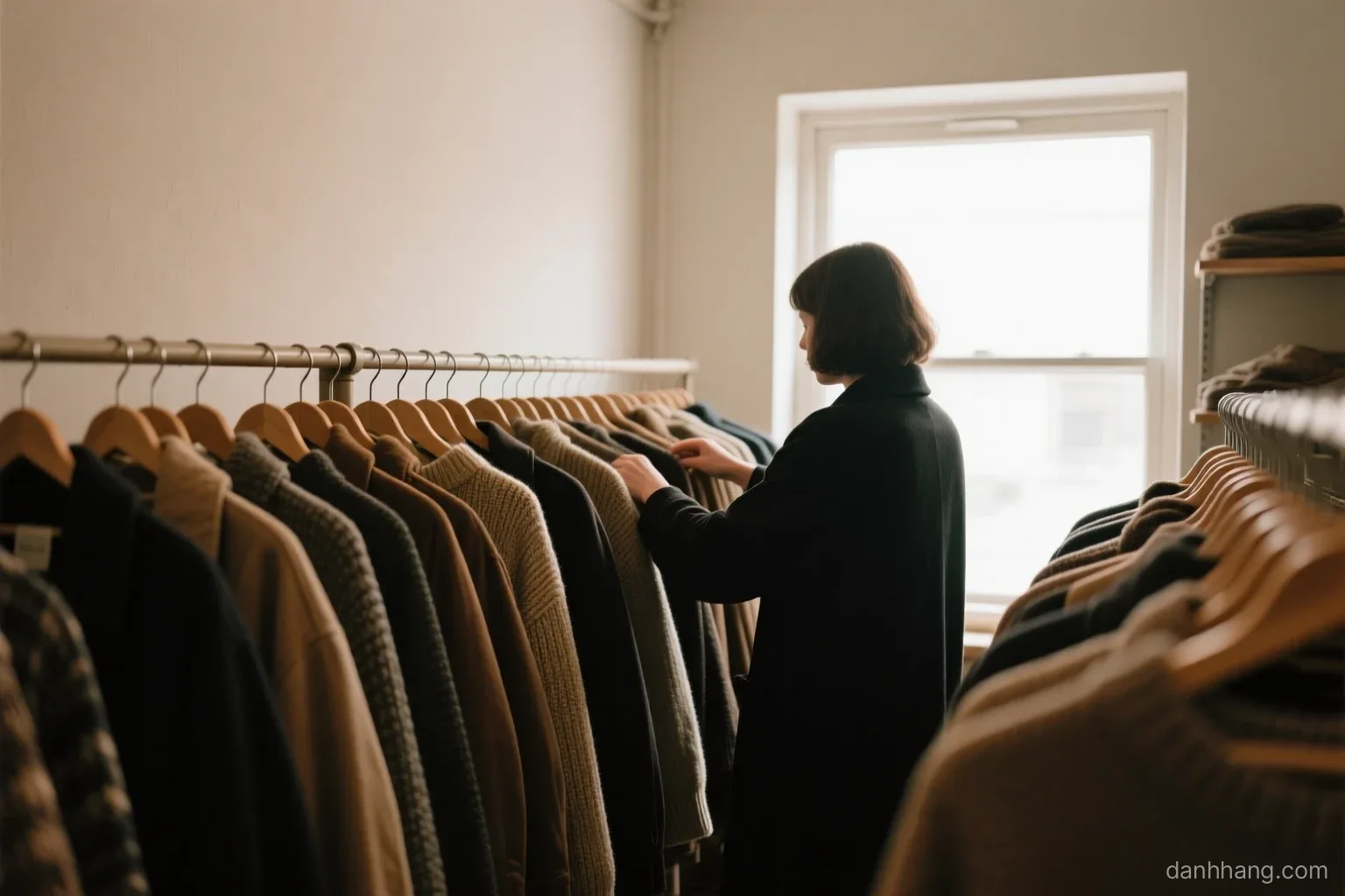 Rows of second-hand coats and knit sweaters on plain wooden hangers in a small shop, a person seen from behind sorting garments, soft window light, muted earth tones