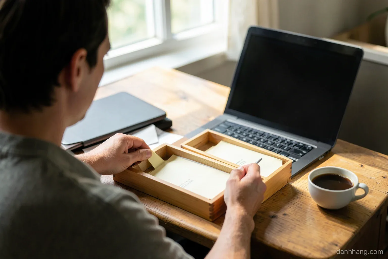 Over-the-shoulder view of a person at a small desk sorting plain envelopes into two wooden trays, a closed laptop and a cup of coffee nearby, afternoon window light